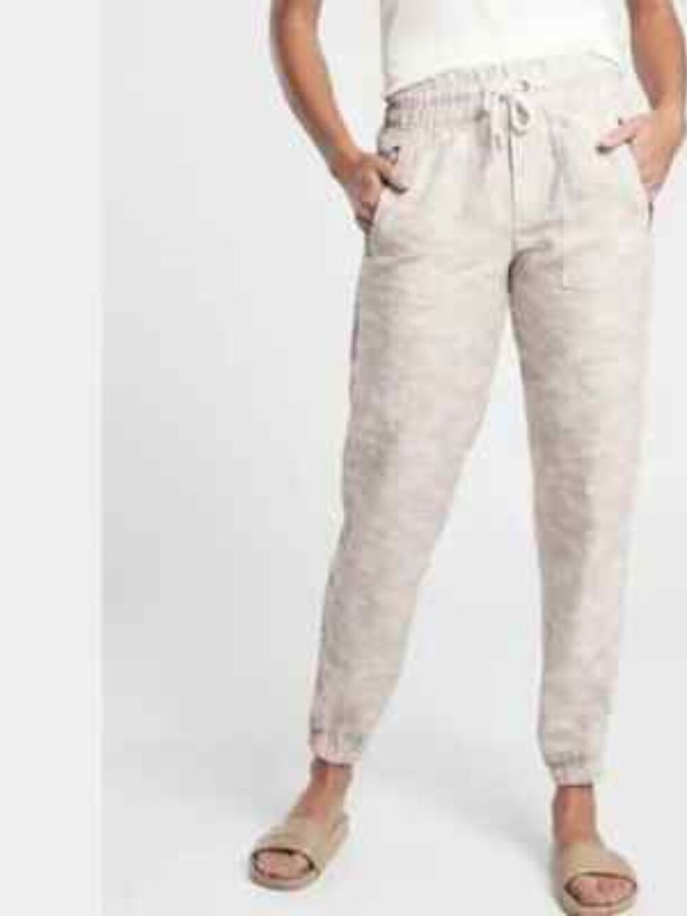 Athleta Cabo Tide Linen Jogger Neutral Beige Tan Camo Print Pants sz 10